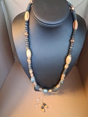 Handcrafted Charcoal Black and Brown Beaded Women's Necklace & Matching Earrings